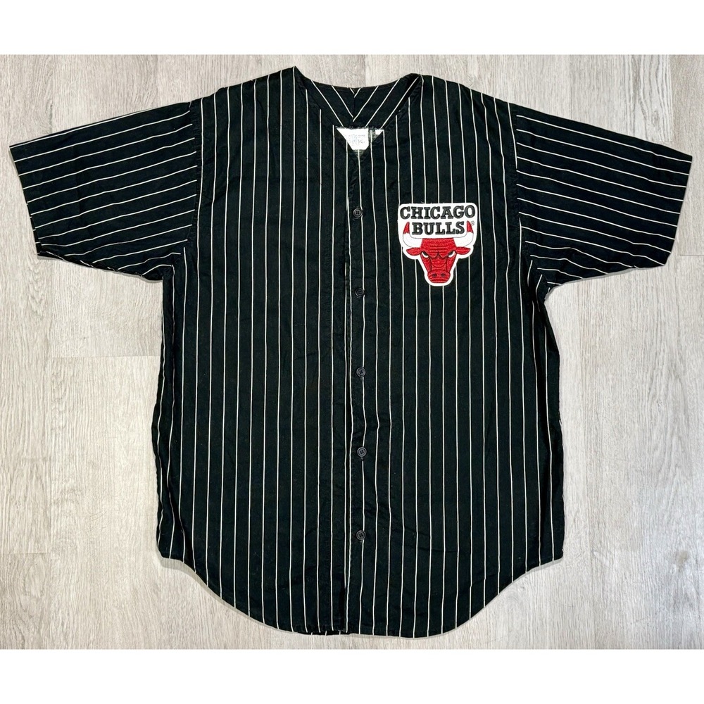 Vintage Chicago Bulls Baseball Jersey Men Size L Black Pinstriped Chalk Line 90s